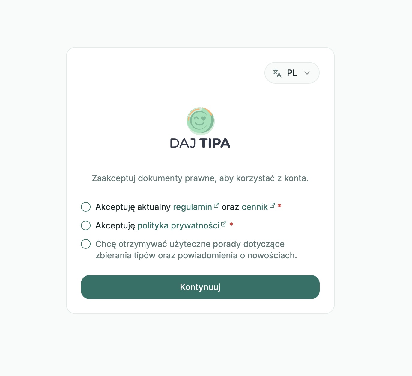 Ekran zgód prawnych w aplikacji DajTipa