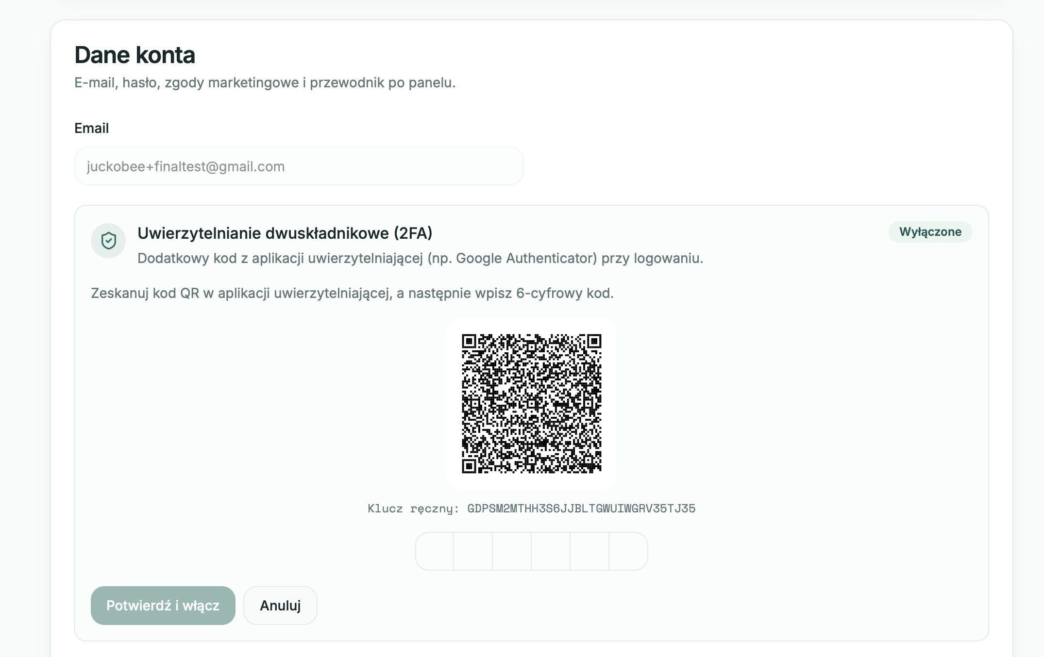 Ekran konfiguracji 2FA z kodem QR