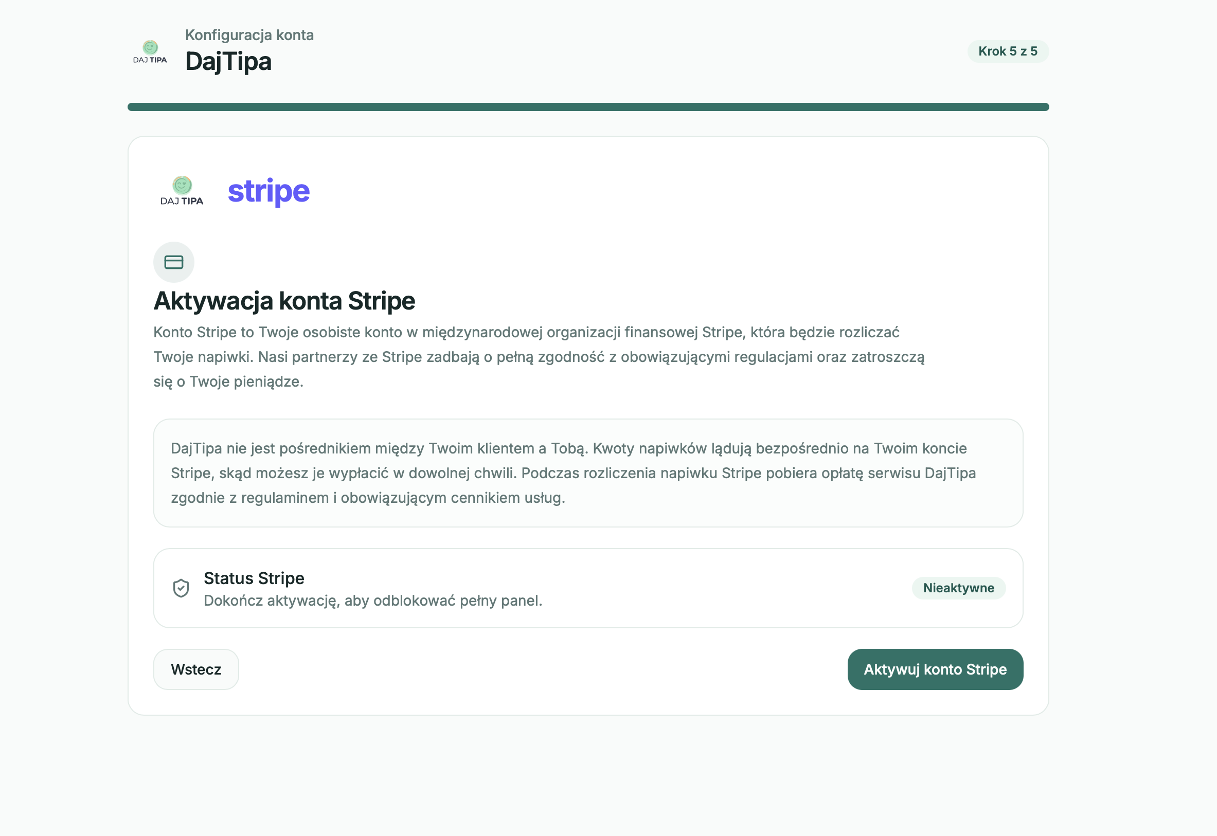 Krok onboardingu z aktywacją konta Stripe