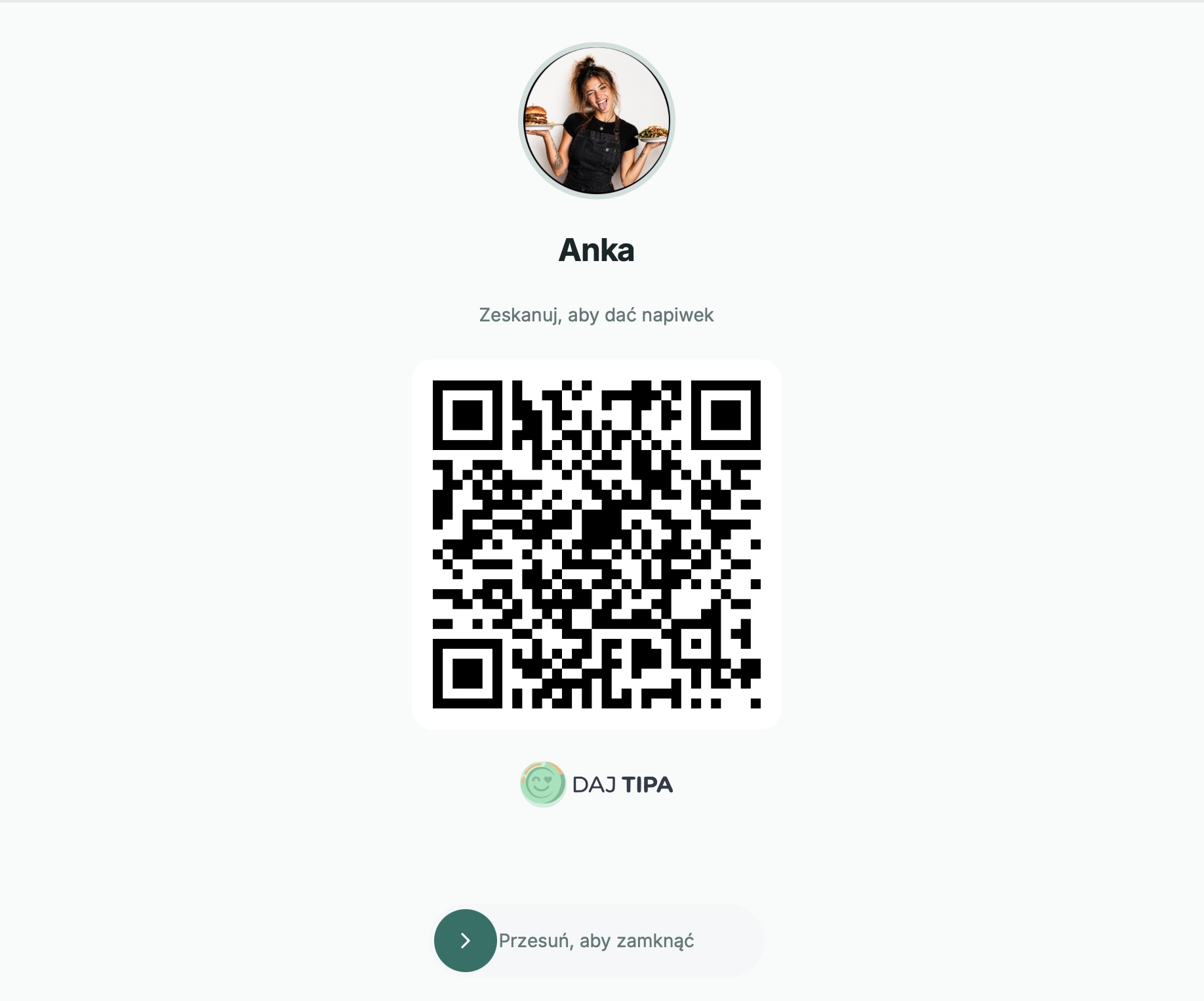 Link i kod QR — podgląd w aplikacji do napiwków DajTipa
