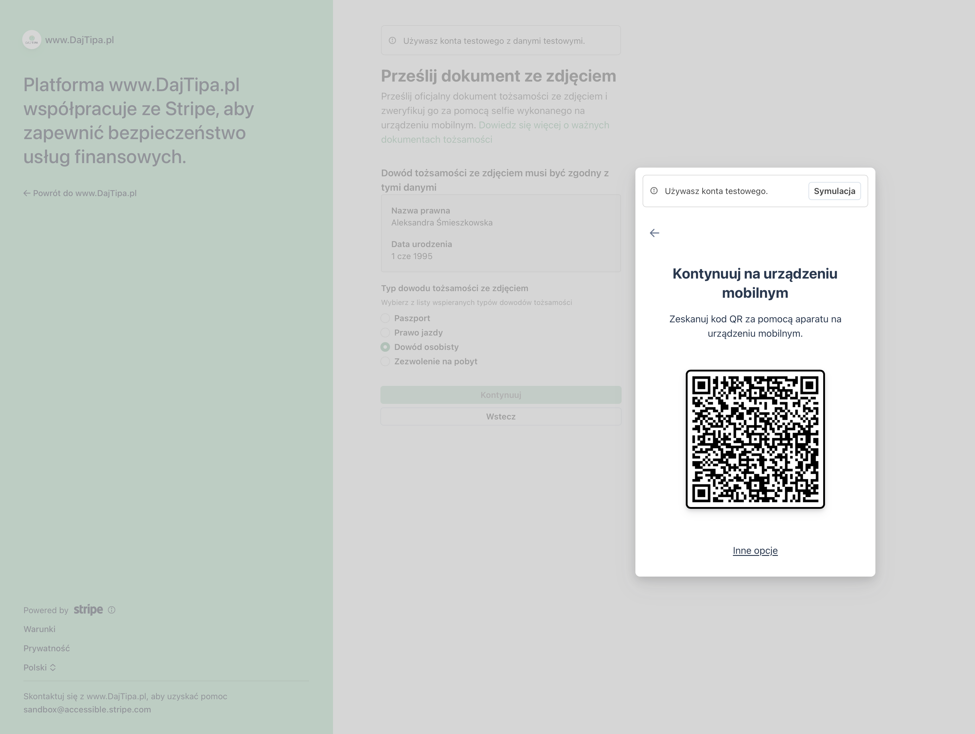 Kod QR do kontynuowania weryfikacji Stripe na telefonie